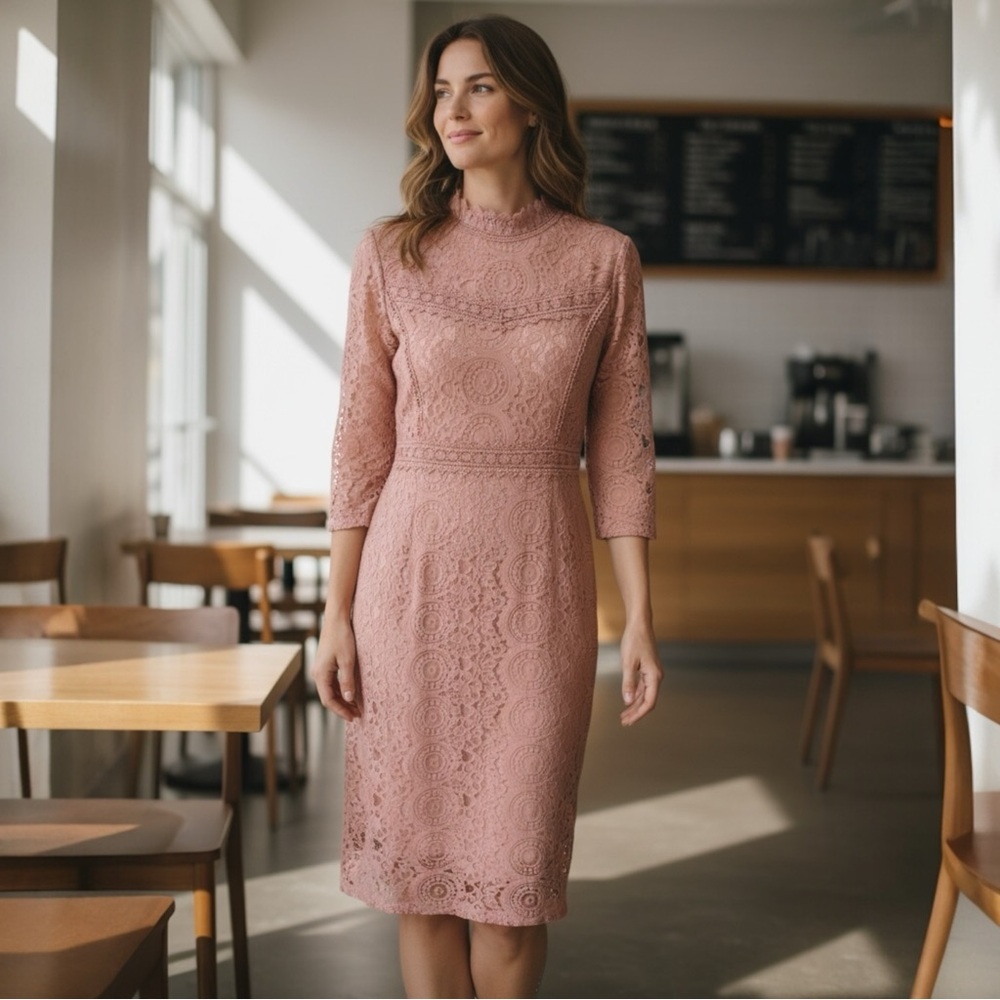 Downeast lace sheath dress mauve pink Medium High Neck